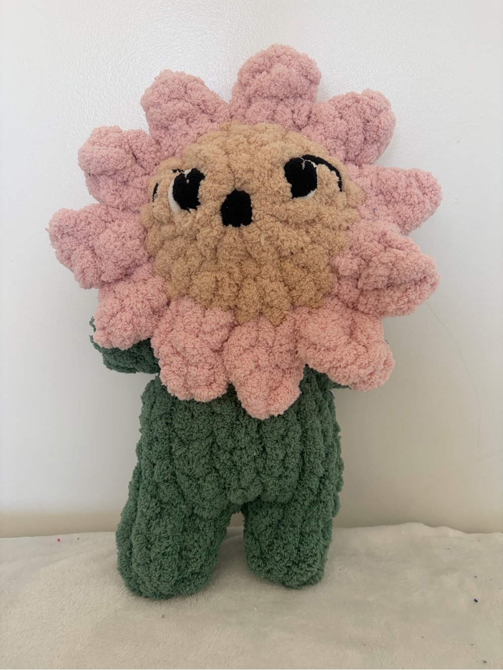 Plush Flower Stuffed Toy - Pink Petals, Tan Face, Green Body